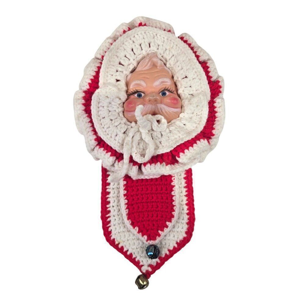 Vintage Crocheted Santa Claus Wall Hanging Decoration With Bells
